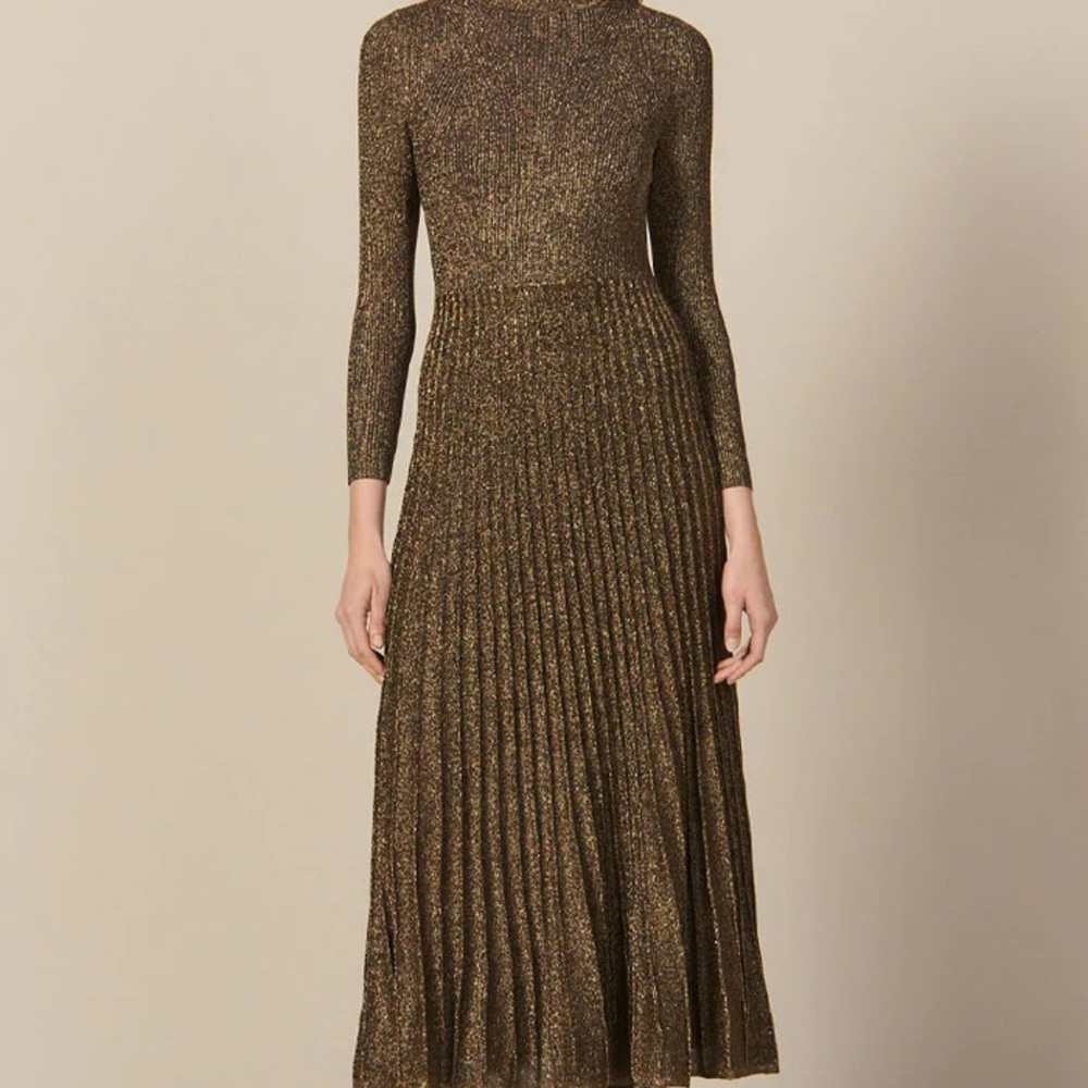 SHIMMERING LONG SLEEVE HIGH NECK PLEATED MAXI SWEATER DRESS  size large